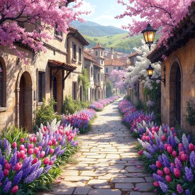The primary subject of the image is a narrow alleyway lined with pink flowers, creating a beautiful and serene atmosphere. The setting is a quaint village with old buildings and a mountain in the background. The visual style is a combination of photo and digital art, giving the scene a realistic yet artistic appearance. The colors and mood are predominantly pink, which adds a sense of warmth and tranquility to the scene.